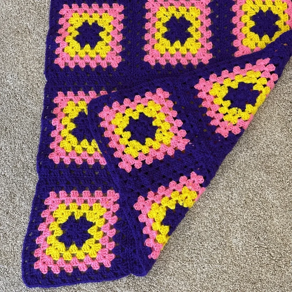 Handmade Crocheted Granny Square Afghan Blanket Purple Pink Yellow‎ 48.5x27.5